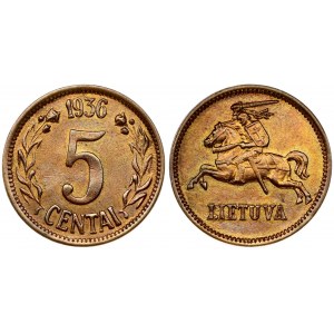 Lithuania 5 Centai 1936 Obverse: National arms. Reverse: Large value within wreath date on top. Edge Description: Plain...