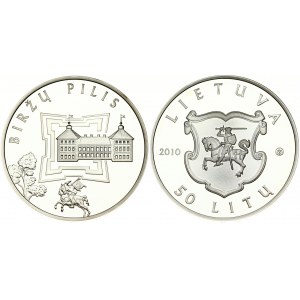 Lithuania 50 Litų 2010 Biržai Castle. Obverse: Viltus in shield. Reverse: Castle view and ariel plan.  Silver. KM 170...