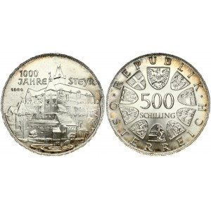 Austria 500 Schilling 1980 Millennium of Steyr. Obverse: Value within circle of shields. Reverse: City of Steyr...