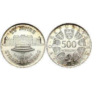 Austria 500 Schilling 1980 25th Anniversary - State Treaty. Obverse: Value within circle of shields. Reverse...