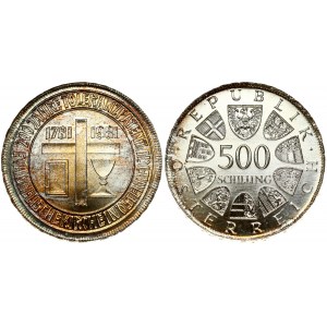 Austria 500 Schilling 1981 200th Anniversary - Religious Tolerance. Obverse: Value within circle of shields. Reverse...