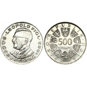 Austria 500 Schilling 1982 80th Anniversary - Birth of Leopold Figl. Obverse: Value within circle of shields. Reverse...