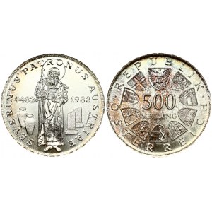 Austria 500 Schilling 1982 1500th Anniversary - Death of St Severin. Obverse: Value within circle of shields. Reverse...