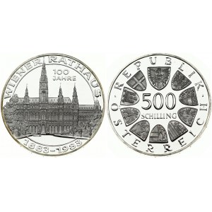 Austria 500 Schilling 1983 Centennial - Vienna City Hall. Obverse: Value within circle of shields (on top Austria; and a
