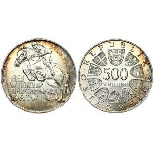 Austria 500 Schilling 1983 World Cup Horse Jumping Championship. Obverse: Value within circle of shields. Reverse...