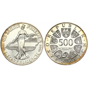Austria 500 Schilling 1985 Peace in Austria 40th Anniversary. Obverse: Value within circle of shields. Reverse...