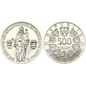 Austria 500 Schilling 1985 500th Anniversary - Canonization of Leopold III. Obverse: Value within circle of shields...