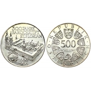 Austria 500 Schilling 1986 300th Anniversary - St Florian's Abbey. Obverse: Value within circle of shields. Reverse: St...