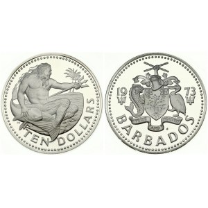 Barbados 10 Dollars 1973FM Neptune God of the Sea. Obverse: National arms. Reverse: Neptune at left looking right...
