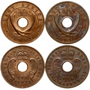 East Africa 10 Cents 1952 & 1956 George VI(1936-1952). Obverse: Center hole divides crown and denomination...
