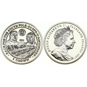 Falkland Islands 1 Crown 2007PM Race for the South Pole. Elizabeth II(1952-). Obverse: Bust in tiara right. Reverse...