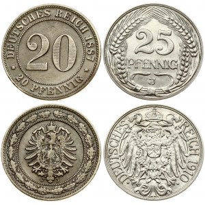 Germany Empire 20 Pfennig 1887J & 25 Pfennig 1910J. Obverse: Crowned imperial eagle with shield on breast. Reverse...