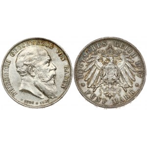 Germany BADEN 5 Mark 1907G Death of Friedrich. Friedrich I(1856-1907). Obverse: Head right. Reverse...