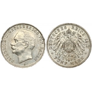 Germany BADEN 5 Mark 1913G Friedrich II(1907-1918). Obverse: Head left. Reverse: Crowned imperial German eagle...