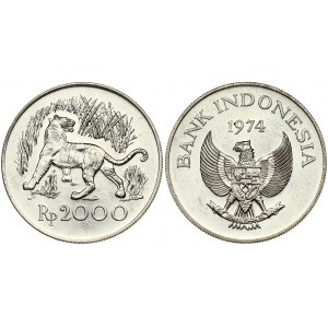 Indonesia 2000 Rupiah 1974 Conservation. Obverse: National emblem. Reverse: Javan tiger (panthera tigris-felidae)...
