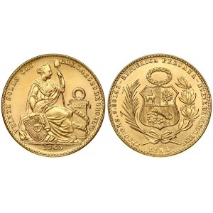 Peru 20 Soles 1965 Obverse: National arms. Reverse: Seated Liberty flanked by shield and column. Gold 9.35g...