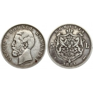 Romania 5 Lei 1881B Name near truncation. Carol I(1866 - 1914). Obverse: Head left. Obverse Legend...