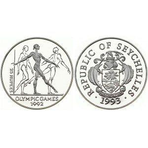 Seychelles 25 Rupees 1993 1992 Olympics. Obverse: Arms with supporters. Reverse: Balance beam gymnasts. Silver 31.46g...