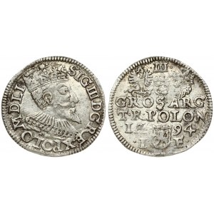 Poland 3 Groszy 1594 Olkusz. Sigismund III Vasa (1587-1632). Obverse: Crowned bust right. Reverse: Value; divided date...