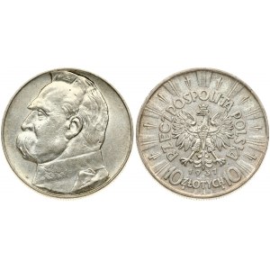Poland 10 Zlotych 1937 (w) Obverse: Eagle with wings open with no symbols below. Reverse: Head of Jozef Pilsudski left...