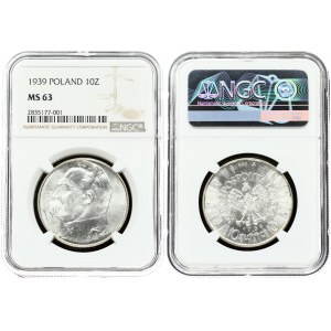 Poland 10 ZLotych 1939(w) Obverse: Eagle with wings open with no symbols below. Reverse: Head of Jozef Pilsudski left...