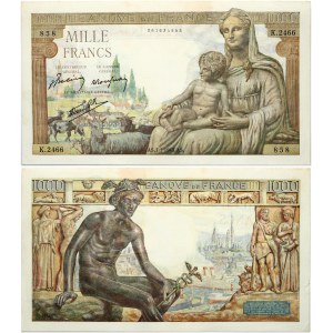 France 1000 Francs 1943 Banknote. Obverse: Statue of Demeter seated on the right with Hercules as a child on his knees...