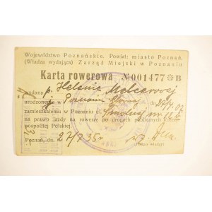 [POZNAŃ] Karta rowerowa nr 001477 B na rok 1935r. dla p. Heleny Melcerowej