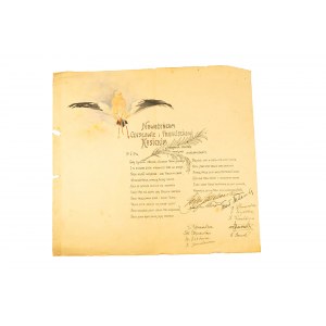 [TELEGRAM - RĘKOPIS] Telegram z okazji ślubu w całości wykonany odręcznie, 1924 rok, akwarela, rękopis, autografy
