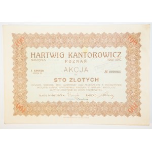 [AKCJA] HARTWIG KANTOROWICZ POZNAŃ Sp. Akc. Następca, akcja na sto złotych I emisja