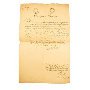 [KRÓLESTWO GALICYI I LODOMERYI] Certyfikat stanowy z dnia 13 czerwca 1833 roku. Prawo do znajdowania się, zasiadania i głosowania na Zgromadzeniach seymowych Królestw Galicyi i Lodomeryi jako współczłonek stanu rycerskiego. Autograf Jan Kanty hrabia Stadn