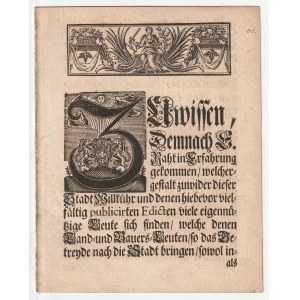 GDAŃSK. Uchwała o zakazie handlu zbożem poza obszarem rynku. Wydano 12 kwietnia 1728 r.