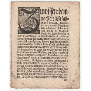GDAŃSK - JUDAICA. Uchwała w sprawie zakazu stałego zamieszkania i prowadzenia działalności w mieście przez Żydów. Wydano 9 kwietnia 1745 r.