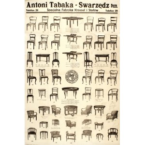 MEBLE - SWARZĘDZ - TABAKA Antoni. Swarzędz Pozn. Specjalna Fabryka Mebli. Plakat reklamowy, zawierający 53 przedstawienia produkowanych przez tę fabrykę krzeseł, foteli i stołów.