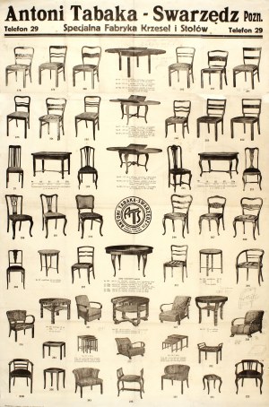 MEBLE - SWARZĘDZ - TABAKA Antoni. Swarzędz Pozn. Specjalna Fabryka Mebli. Plakat reklamowy, zawierający 53 przedstawienia produkowanych przez tę fabrykę krzeseł, foteli i stołów.