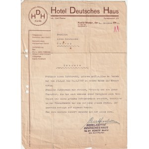 CHOJNICE. Rekomendacja dla kucharki Agnieszki Jakubowskiej, ur. 13 kwietnia 1900 r. w Czersku, wystawiona przez Curta Fischera, właściciela hotelu „Deutsches Haus” w Chojnicach