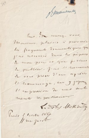 MICKIEWICZ Władysław. List - Paryż, 2 X 1867