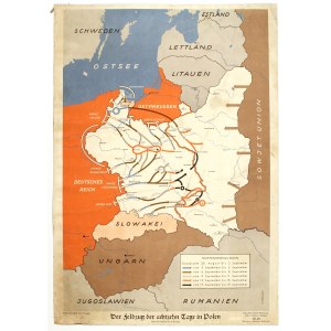 KAMPANIA WRZEŚNIOWA. Plakat w formie mapy przedstawiający 18 pierwszych dni niemieckiej ofensywy w Polsce