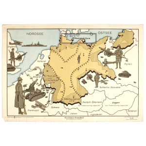 NIEMCY - TRAKTAT WERSALSKI. Plakat w formie mapy propagujący tezę o militarnym zagrożeniu wobec rozbrojonych po I wojnie światowej Niemiec
