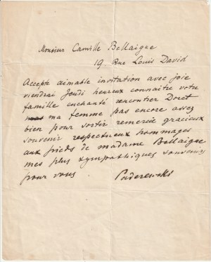 PADEREWSKI Ignacy Jan. List do krytyka muzycznego Kamila Bellaigue (1858-1930). Paryż, po 1899