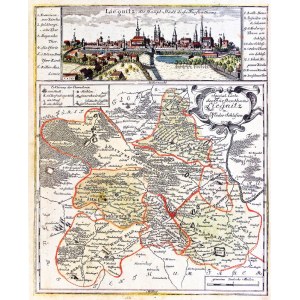 LEGNICA. Panorama miasta autorstwa Friedricha Bernharda Wernera; poniżej mapa Księstwa Legnickiego