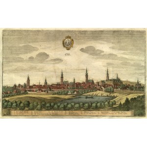 OLEŚNICA. Panorama miasta; w górze herb miasta; pochodzi z: M. Zeiller, Topographia Bohemiae, Moraviae et Silesiae