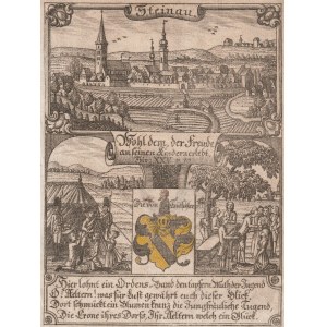 ŚCINAWA (pow. lubiński). Panorama miasta; poniżej scena alegoryczna i herb; pochodzi z: Zittauisches Tagebuch