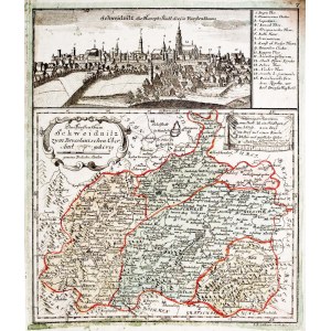 ŚWIDNICA, KĘDZIERZYN. Panorama miasta autorstwa Friedricha Bernharda Wernera, poniżej mapa Księstwa Świdnickiego; ryt. i wyd. J.D. Schleuen, Berlin 1741