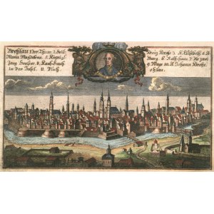 WROCŁAW. Panorama miasta z portretem cesarza Leopolda II (1747-1792), ryt. Georg Hisler, pochodzi z: Sächsischer Postillion