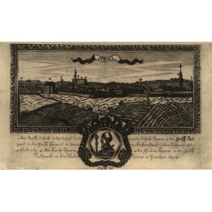 ŻARY. Panorama miasta z portretem cesarza Karola VI (1685-1740); pochodzi z: Sächsischer Postillion, Löbau, ok. 1795