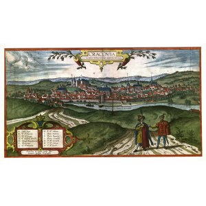 KRAKÓW. Panorama miasta od południa; pochodzi z: Civitates Orbis Terrarum, oprac. Georg Braun i Frans Hogenberg, wyd. Abraham Hogenberg, Kolonia 1617