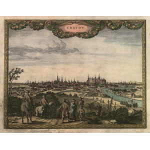KRAKÓW. Panorama miasta od północnego zachodu, ze sztafażem figuralnym na pierwszym planie; ryt. Peter Schut, wyd. N. Visscher, Amsterdam 1635