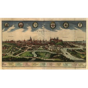 KRAKÓW. Panorama miasta; oprac. Matthäus Merian, widok zamieszczony w: Gottfried, Johann Ludewig, Neuwe archontologia cosmica..., Frankfurt n. Menem 1638
