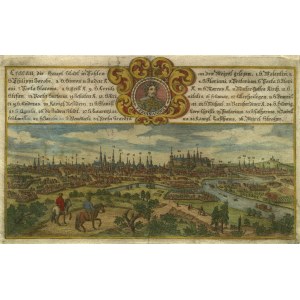 KRAKÓW. Panorama miasta z portretem cesarza Ferdynanda III Habsburga - FERDINANDVS III; ryt. Georg Hisler, pochodzi z: Sächsischer Postillion, Carl Friedrich Völkel, Löbau 1797