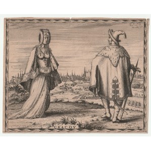KRAKÓW. Panorama miasta (w głębi) z efektownym sztafażem figuralnym na pierwszym planie; ryt. 1635, pochodzi z pracy poświęconej modzie w różnych stronach świata: Costumes of Various Countries, wyd. Johannes de Ram